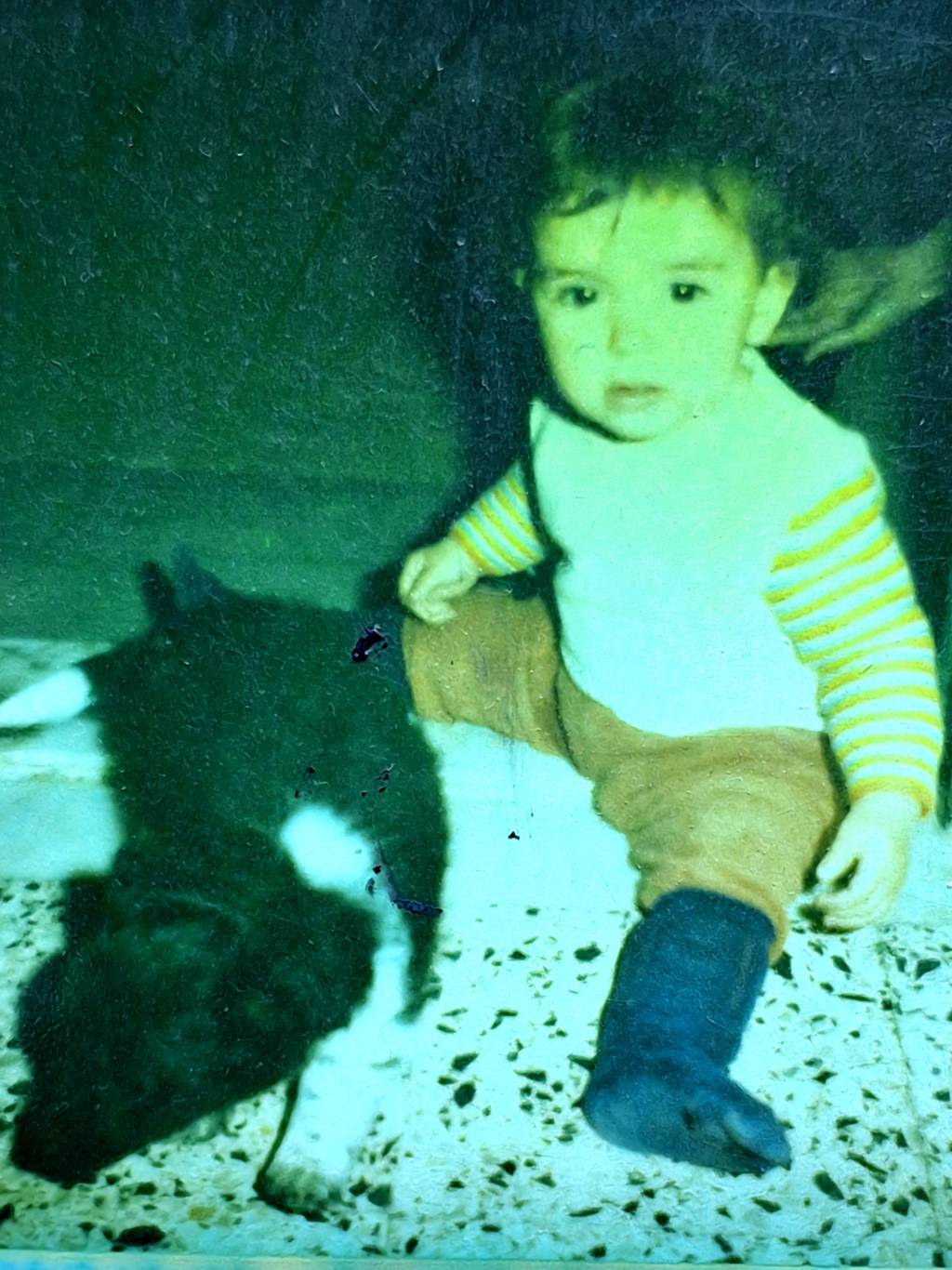 Criança pequena sentada no chão ao lado de um cão numa fotografia antiga.